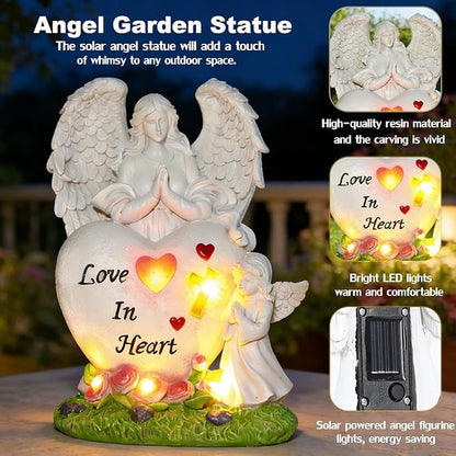 VEEKI Solar Angel Garden Statue Outdoor, Praying Angel Statues Solar Figurine Lights Outdoor Waterproof, Resin Angel Sculpture for Garden Yard Lawn Grave Cemetery Decor, Gift for Mom Grandma Women
