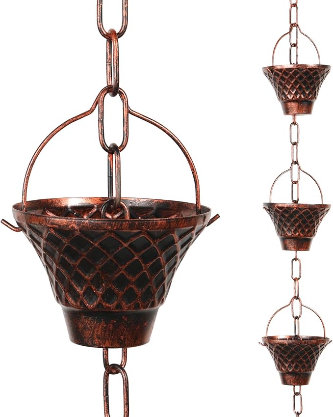 Rain Chains for Gutters, Outside Downspouts Metal Rain Catcher Diverter, 8.5 Ft Retro Rain Chain Decorative with Hook and 12 Metal Cups for Windowsill Garden Patio
