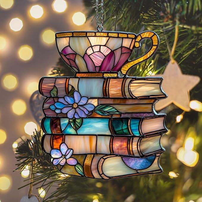 Floral Books and Tea Acrylic Suncatcher Stained Glass Effect Window Car Hanging Christmas Ornament Indoor Outdoor Decor Garden Sun Catcher Panel for Book Lover for Women Mom Grandma