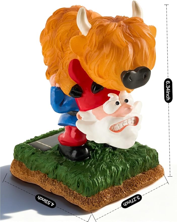 Garden Gnome Statue Highland Cow Gift,Yard Patio Balcony Outdoor Decor Solar Light Figurine, Christmas, Housewarming, Idea Gift for Mom, Neighbor,Gnome Lover
