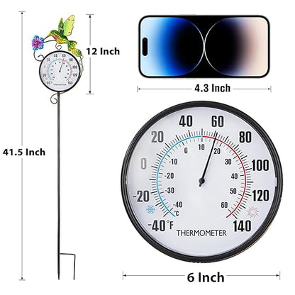 Outdoor Thermometer, Hummingbird Hanging Wall Thermometer & 42" Metal Garden Stake Outside Thermometers Waterproof Decorative for Patio,Lawn,Room,Greenhouse, No Battery Required Garden Gifts