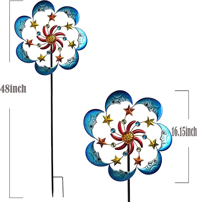 Moon Sun 58-Inch Metal Wind Spinner with Stake for Garden, Yard, Lawn and Patio Decor