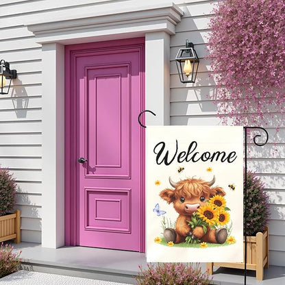 Welcome Highland Cow Garden Flag Spring Summer Sunflower Yard Flags Cute Farmhouse House Banner for Outdoor Front Yard Lawn Porch Patio Country Rustic Home Decoration 12x18 Inch