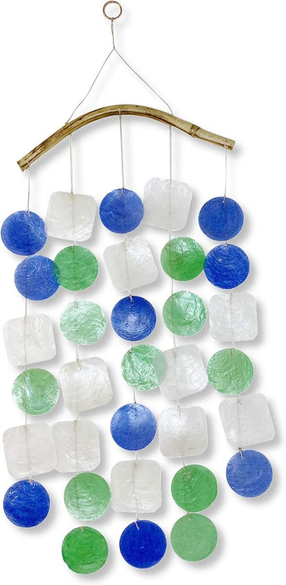 Ocean Capiz Wind Chime Mobile with Bamboo Hanger - 18" Long Blue Green Windchime