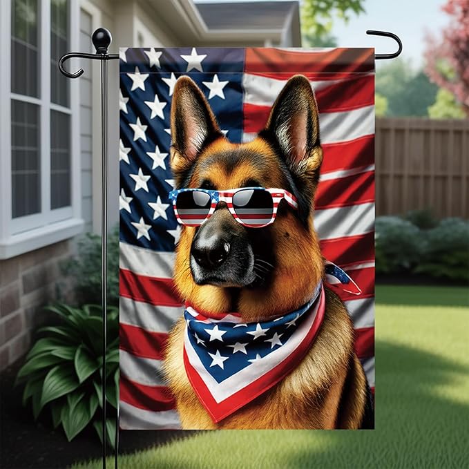 Patriotic 4th of July Garden Flag German Shepherd Dog American Flag Glasses 12x18 Inch Double Sided Seasonal Summer Yard Flag Outdoor Decoration for Porch Lawn Patio Independence Day