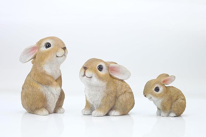 JORAE Bunny Statues Garden Decorations Set of 3 Outdoor Easter Rabbit Figurines for Yard Home Decor Table Animal Sculptures Indoor, Polyresin, Brown