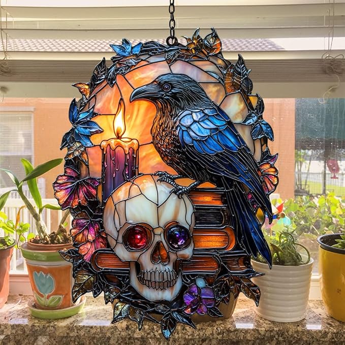 Gothic Raven and Skull Acrylic Suncatcher Stained Glass Effect Window Car Hanging Christmas Ornament Indoor Outdoor Decor Garden Sun Catcher Panel for Gothic Lover for Women Mom Grandma