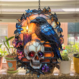 Gothic Raven and Skull Acrylic Suncatcher Stained Glass Effect Window Car Hanging Christmas Ornament Indoor Outdoor Decor Garden Sun Catcher Panel for Gothic Lover for Women Mom Grandma