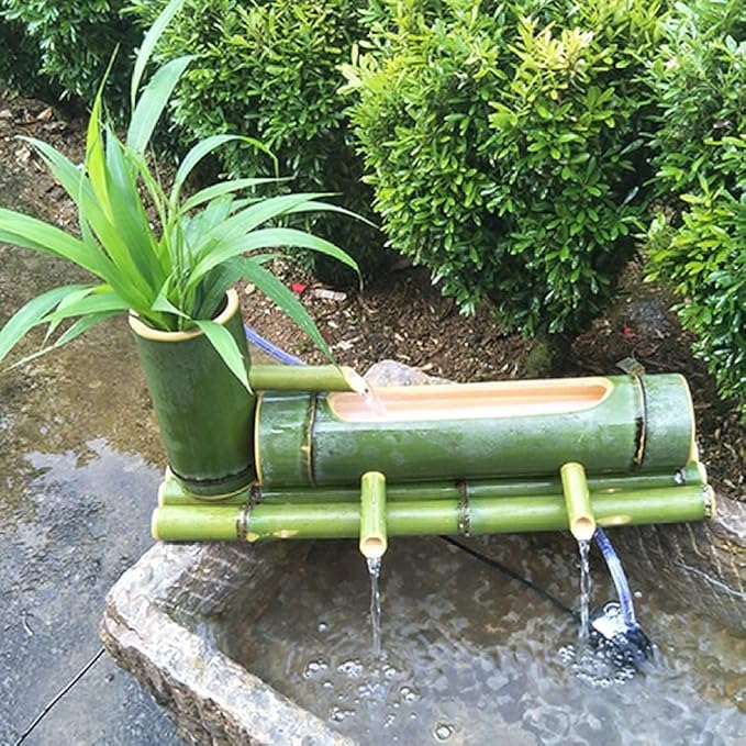 Bamboo Fountain Watergarden Handmade Pump Sculpture Statue Arts and Crafts Ornaments Waterfall Outdoor Japanese Pond Fish Tank Courtyard with Pump,40Cm Ornaments (55Cm)