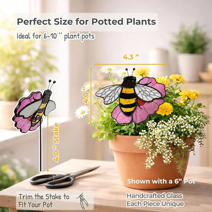 Bee Stained Glass Plant Pot Suncatcher - Handmade Real Glass Flower Pot Ornament for Planters - Indoor Outdoor Garden Décor - Unique Nature Gift for Women, Mom & Grandma