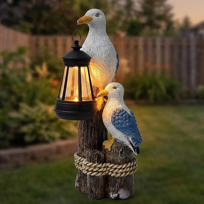 Seagull Solar Garden Outdoor Decor Statues with LED Lantern, Hand Painted Resin Animal Figurine Lights for Patio Lawn Yard Pathway, Unique Coastal Gifts for Women Mom Grandma