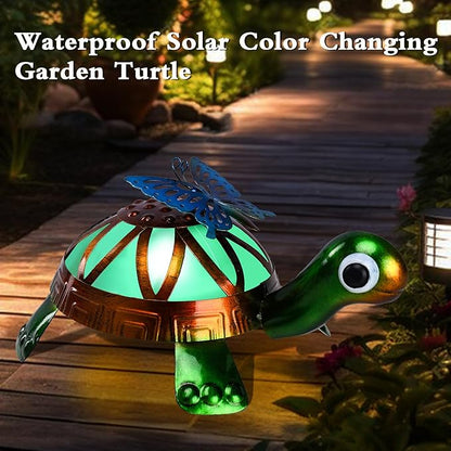 MUMTOP Solar Outdoor Lights Garden Decor, Color Changing Turtle Waterproof Solar Powered LED Light Metal Turtles Butterfly Yard Art Ornament for Patio Outside Lawn Backyard Balcony Decorations