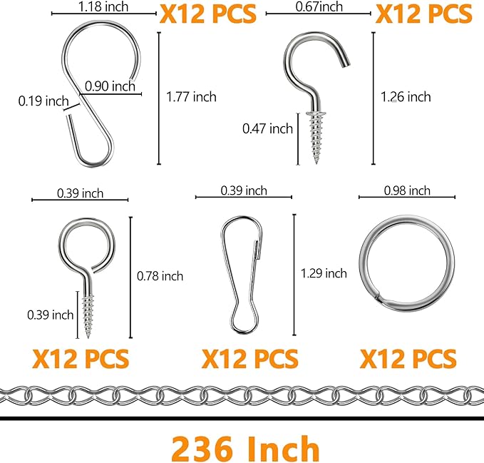 236 Inch Hanging Chain, Silver Metal Chains for Hanging Plants, 12× S Hooks, 12× Buckles, 12× Rings, 24×Screw Hooks for Bird Feeder, Planter, Lantern and Wind Chimes (Silver)