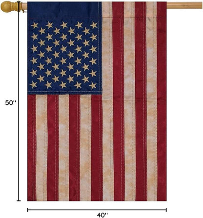 Tea Stained Applique & Embroidered American Flag House Flag USA 28" x 50"