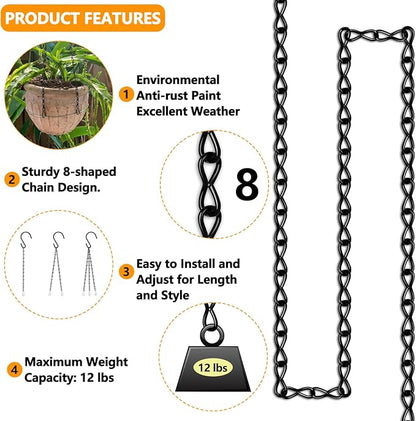 Metal Hanging Chain, 236 Inch Black Chains for Plants, 12×S Hooks, 12×Buckles, 12×Rings, 24×Screw Hooks for Bird Feeder, Planter, Wind Chimes (Black)