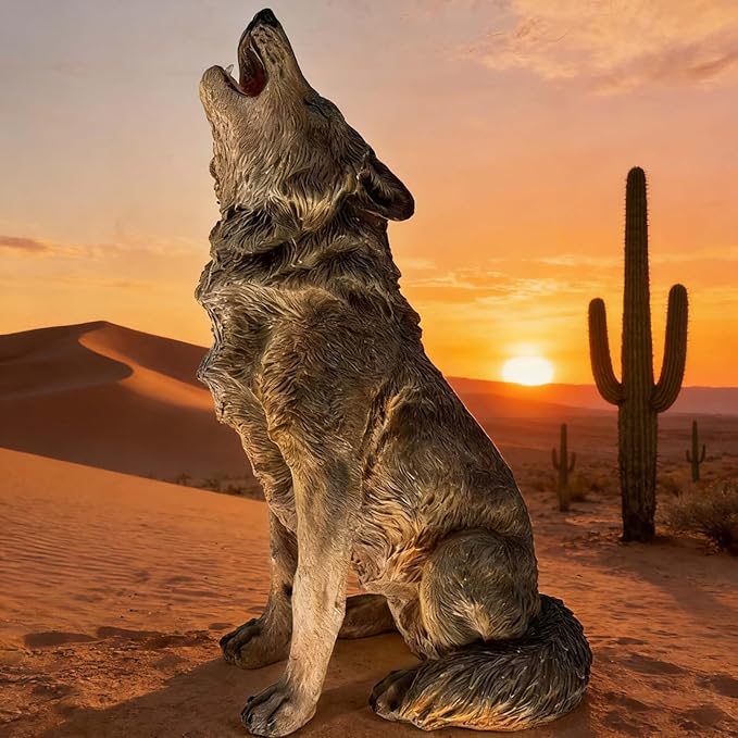 Large Howling Wolf Resin Statue - 17.9" L x 29.7" H Realistic Alpha Wolf Sculpture, Weatherproof Outdoor Garden Decor for Patio, Lawn & Yard, Wildlife Art Gift for Nature Lovers