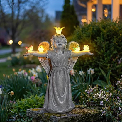 Angel Garden Statue with 5 Birds Solar Lights, Resin Cherub Figurine Outdoor Decor for Garden Porch Yard, Gift for Women Mothers Day Birthday Housewarming