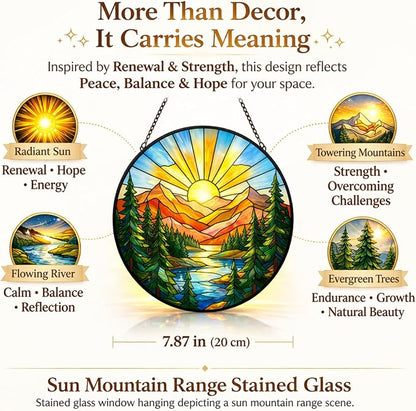 Mountain Sunrise Suncatcher Window Hanging, 7.8" Stained Glass Decor, Nature Gift for Family, Friends and Loved Ones, Scenic Mountain Home Decor for Window, Sunroom, Living Room and Garden