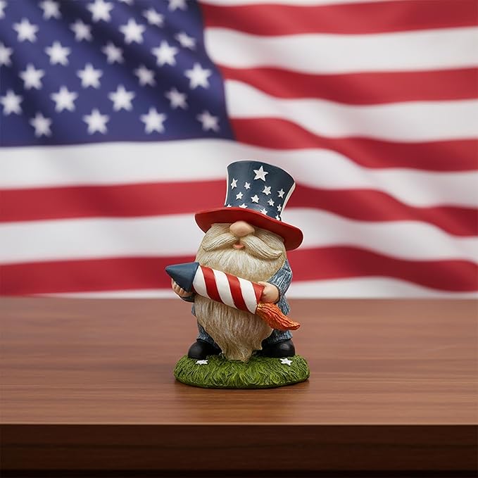 Patriotic Garden Gnome Statue with Firework – Resin Fourth of July Gnome Decoration for Yard, Garden & Home, Independence Day Decor