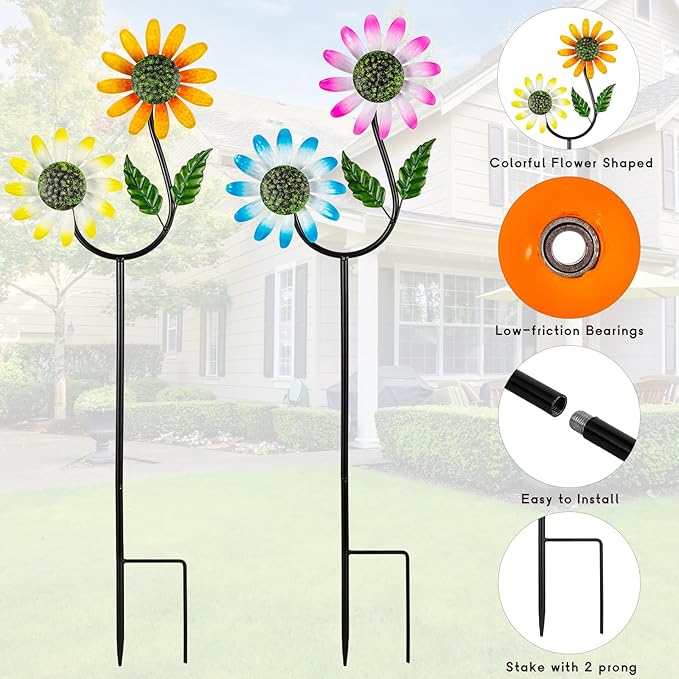 2 Pack Flower Wind Spinners Outdoor, Metal Wind Sculptures & Spinners with Stake, Colorful Windmill for Yard Patio Lawn Garden Decor, 31 x 10 Inches
