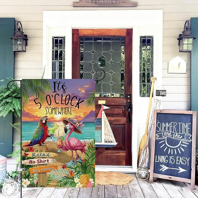 Baccessor Summer Garden Flag 12.5 x 18 Inch, Flamingo Its 5 O'Clock SOMEWHERE Double Sided Burlap Welcome Small Yard Flag Seasonal Holiday Lawn Proch Outdoor Outside Decor