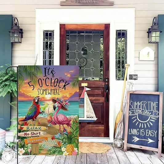 Baccessor Summer Garden Flag 12.5 x 18 Inch, Flamingo Its 5 O'Clock SOMEWHERE Double Sided Burlap Welcome Small Yard Flag Seasonal Holiday Lawn Proch Outdoor Outside Decor