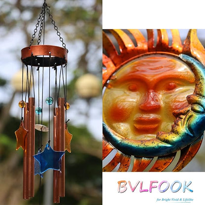 Sun with Flame Wind Chime for Outside Valentine Decoration, Aluminum Tubes with Star Shape Suncatcher, Wind Chimes Hanging for Porch Patio Balcony Decor, 37 Inch