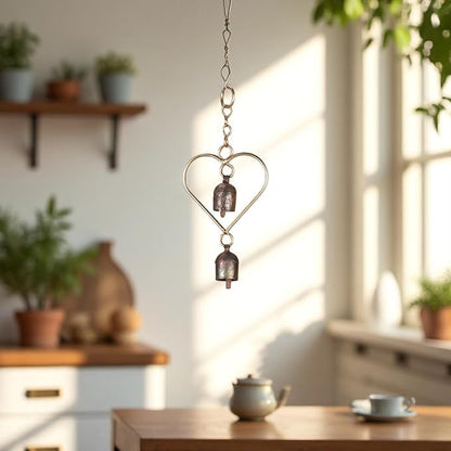 Rustic Metal Heart Bell Wind Chime – Heart-Shaped Decorative Bell with Antique Brass Finish – Hanging Indoor Outdoor Farmhouse Decor – Valentine's Gift or Garden Accent 8.5 x 3.75 Inch