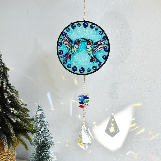 Stained Glass Hummingbird Suncatcher with Crystal Prism, Colorful Crystal Suncatcher for Home, Garden, and Patio, Window Ornament, Birthday Gift