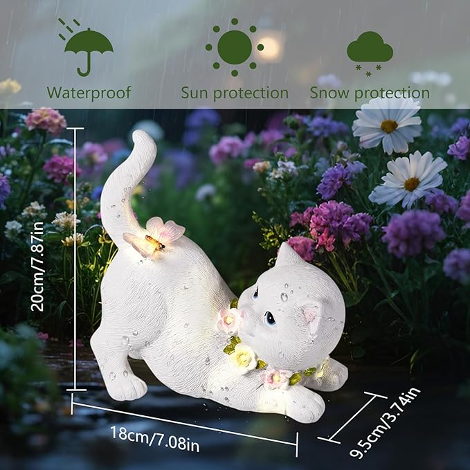 Solar Garden Statue Cat Figurine, Resin Solar Lights with Flower Decor for Outside, Yard Art Patio Balcony Lawn Decorations, Unique Gifts for Mom Grandma Women and Cat Lover (White)