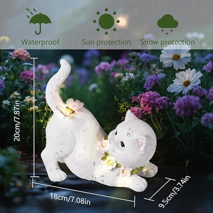 Solar Garden Statue Cat Figurine, Resin Solar Lights with Flower Decor for Outside, Yard Art Patio Balcony Lawn Decorations, Unique Gifts for Mom Grandma Women and Cat Lover (White)