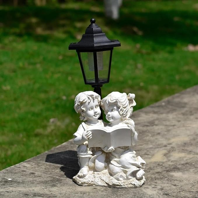 Solar Garden Angel Country Farm Reading Boy and Girl with Light, Outside Decorations for Patio Yard Lawn Walkway Ornaments