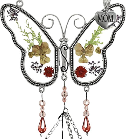 Mom Butterfly Wind Chime with Pressed Flowers - Floral Hanging Wind Chimes for Mom - Mother's Day, Birthday for Mother - Decorative Garden or Window Gift - 20 Inch Long