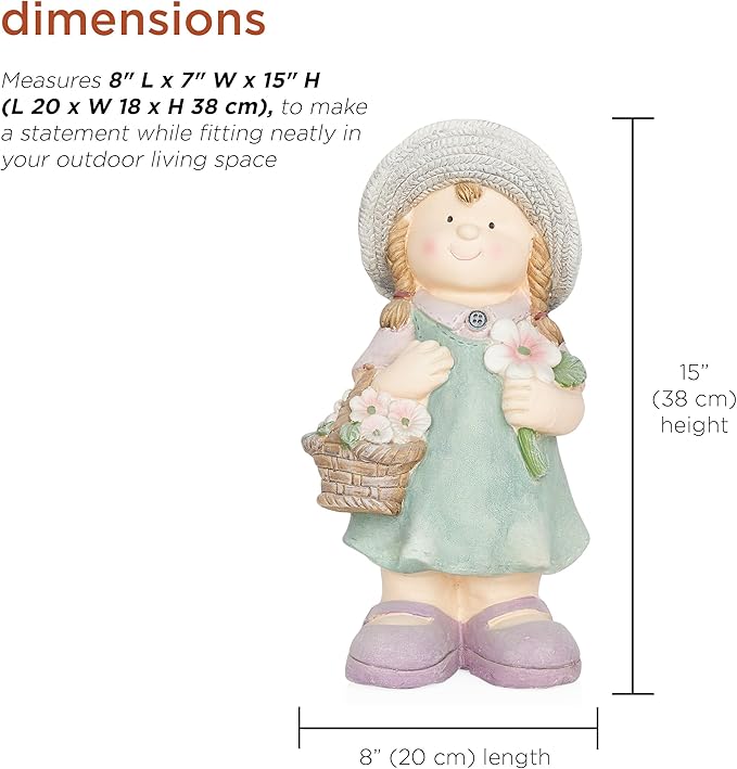 Alpine Corporation QWR1456 Indoor/Outdoor Little Girl with Flower Basket Garden Statue, Playful Child Statue for Yard, 15" H, Green