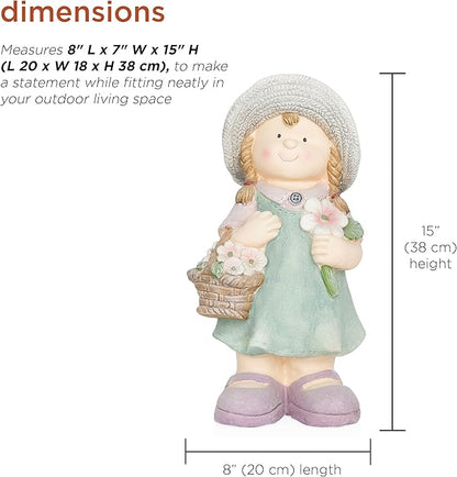 Alpine Corporation QWR1456 Indoor/Outdoor Little Girl with Flower Basket Garden Statue, Playful Child Statue for Yard, 15" H, Green