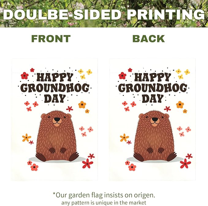 Happy Groundhog Day Garden Flag for Outdoor Spring Yard Flags Cute Groundhog Floral Banner Seasonal Welcome Banners Double Sided Weather Resistant Funny Animal Holiday Decor 12x18 Inch