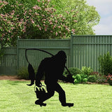 2025 Funny Bigfoot Garden Stake Metal Sign Art Yard Animal Decoration, Various Metal Sasquatch Black Big Foot Sculpture Outdoor Silhouette Statues for Garden Yard Patio Lawn (Fishing)