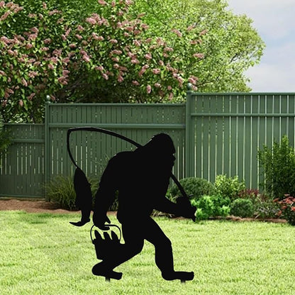 2025 Funny Bigfoot Garden Stake Metal Sign Art Yard Animal Decoration, Various Metal Sasquatch Black Big Foot Sculpture Outdoor Silhouette Statues for Garden Yard Patio Lawn (Fishing)