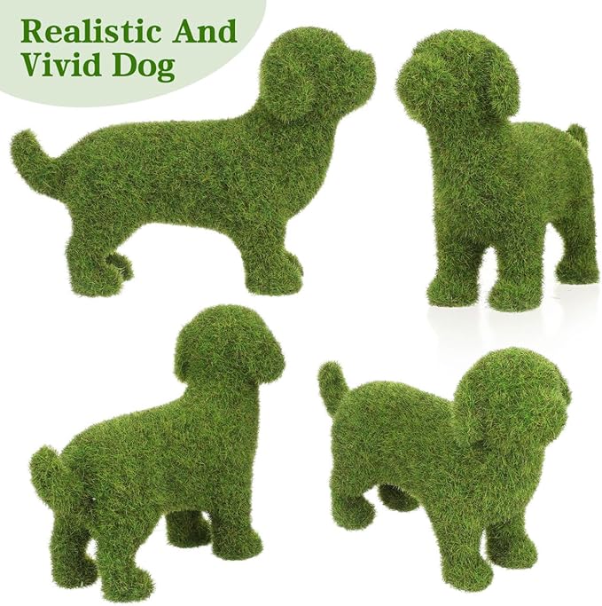 VILLCASE 6.88 Inch Flocked Dog Figurine, Faux Moss Puppy Statue for Garden and Patio Decor, Realistic Green Artificial Topiary Animal Ornament for Indoor Desktop, Shelf and Photography Prop