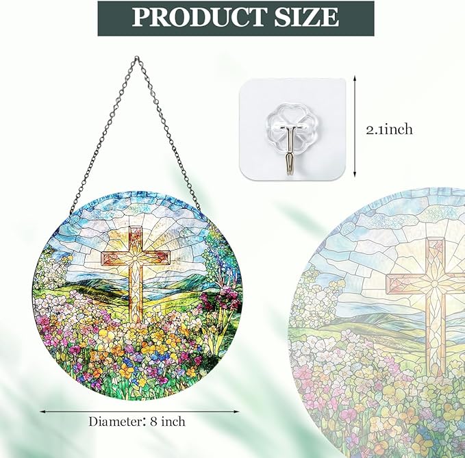 Cross and Wildflower Stained Glass Suncatcher, Christian Cross Window Hanging Decor, Religious Faith Gift, Garden Sun Catchers Hanging Wall Art 8 inch