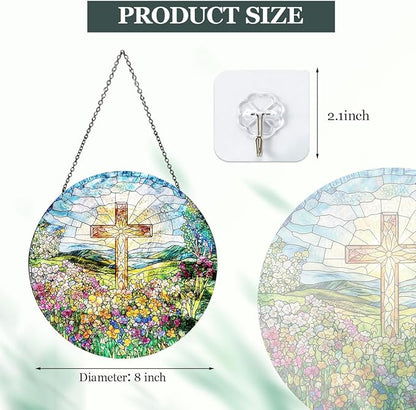 Cross and Wildflower Stained Glass Suncatcher, Christian Cross Window Hanging Decor, Religious Faith Gift, Garden Sun Catchers Hanging Wall Art 8 inch