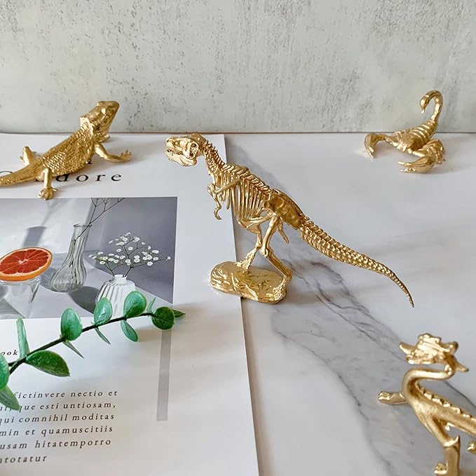 Gold Tyrannosaurus Rex Skeleton Sculpture Solid Metal Animal Ornament Mini Animal Figurine for Home Office Garden Desktop Decor
