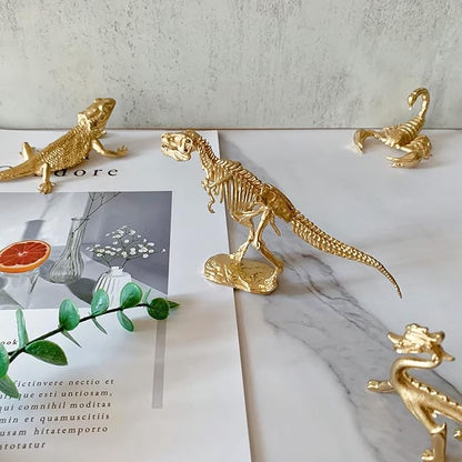 Gold Tyrannosaurus Rex Skeleton Sculpture Solid Metal Animal Ornament Mini Animal Figurine for Home Office Garden Desktop Decor