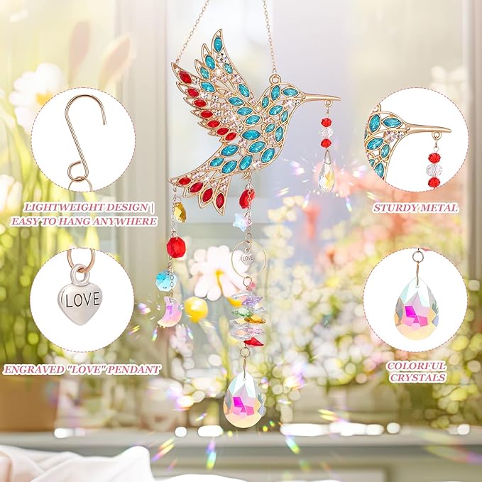 Hummingbird Gifts for Mom Grandma, Crystal Sun Catcher Hanging Indoor Window, Mothers Day Birthday Valentines Day Gifts for Women Bird Lovers, Love Pendant Home Decorations Garden Outdoor (Gold)