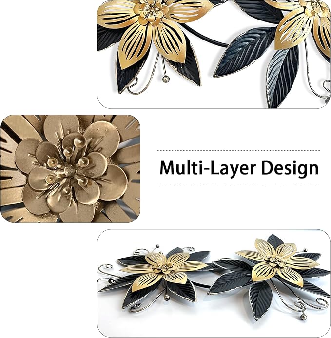 LIFFY Black Wall Decor,15" 3D Multi-layer Metal Flowers Wall Decor, Rustic Modern Floral Sculpture for Indoor Kitchen Bedroom Living Room Office Outdoor Garden Patio