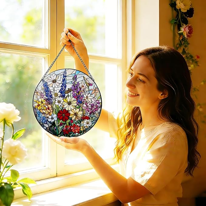 Stained Glass Window Hanging, 8 Inch Wildflower Suncatcher, Flower Sun Catchers Indoor Window, Floral Suncatchers for Windows Hanging, Spring Home Garden Decor Panel Plant Lovers Gifts for Mom Grandma