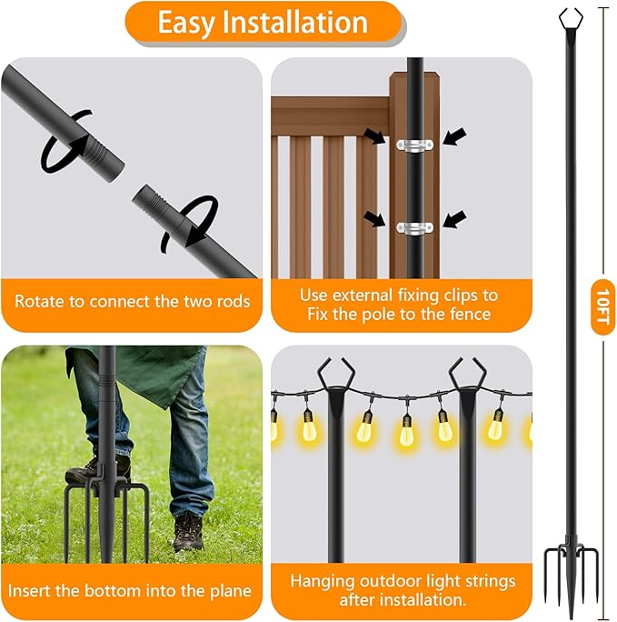 7 Pack 10 FT String Light Poles,Metal with Fork Lights Poles for Outdoor String Light, Rustproof Heavy Duty for Outside Garden,Patio,Wedding,Backyard,Deck,Party