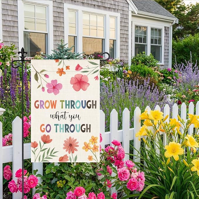 Grow Through What You Go Through Garden Flag, 12 x 18 Inch Double Sided Inspirational and Growth Themed Decor Flag for Outdoor Farmhouse Garden Yard Front Porch, Encouragement Yard Sign