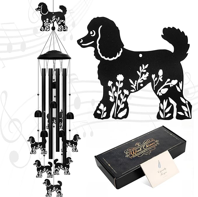 Poodle Wind Chimes for Outside, 34.6 Inch Weather-Resistant Metal Wind Chimes with 4 Aluminum Tubes, Pet Memorial Sympathy Gift for Poodle Dog Lovers, Patio Yard Garden Decor