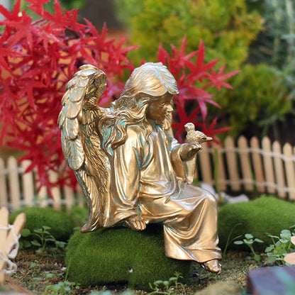 Angel Garden Statue, Sitting Angel Sculpture, Resin Angel with Bird Figurine for Patio Yard Porch Lawn Outdoor Decor Home Shelf Sitter Memorial Spiritual Gifts (Bronze)
